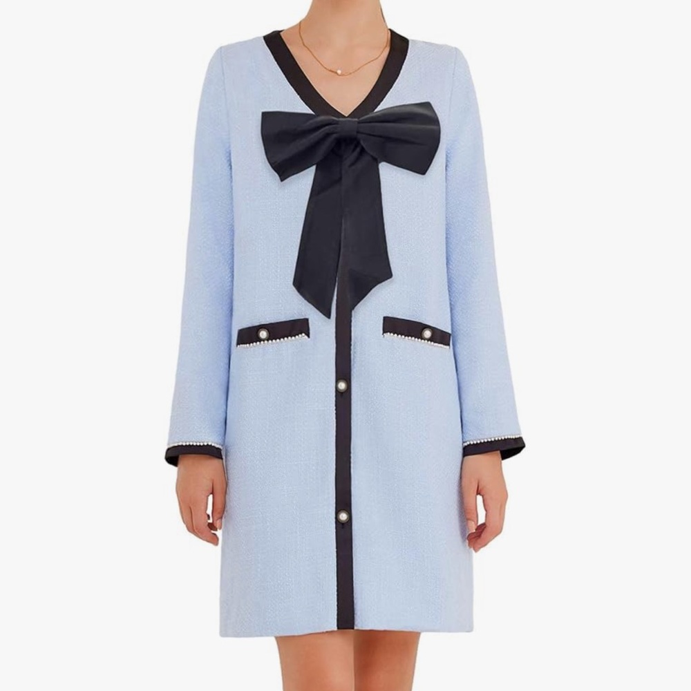 Elegant Light Blue Dress with Black Bow